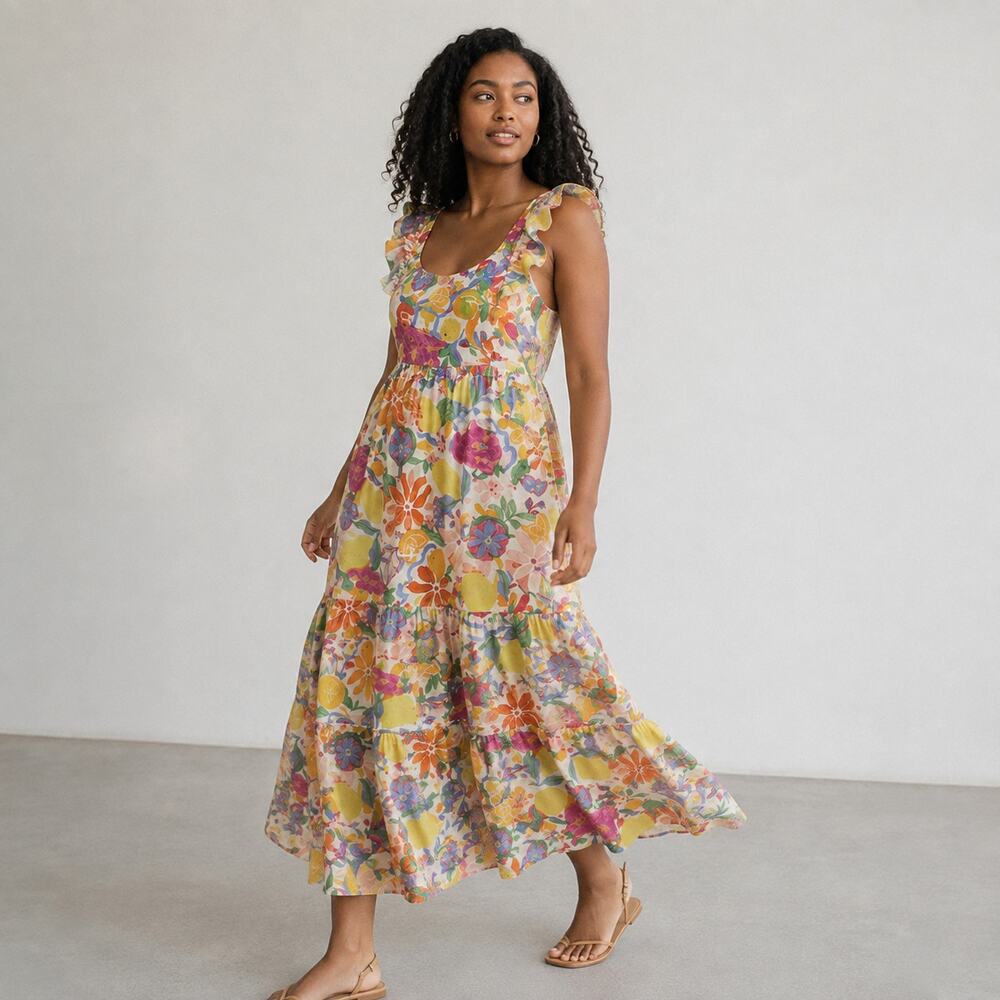 Aqua Floral Maxi Dress Womens 2XL Multi Sleeveless Tiered Tie Cutout Back Midi